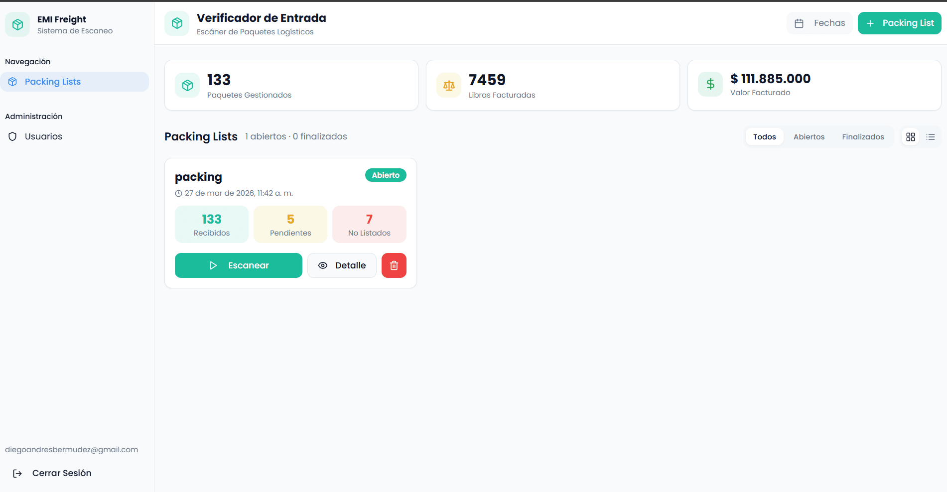 Captura del sistema Tracking de guías